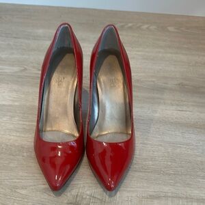 Vaneli Red Patent Leather Heels with Gold Detail